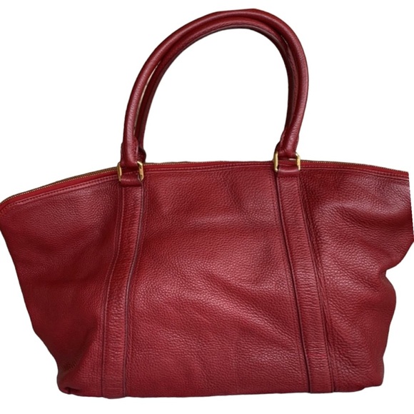 MCM Signature Gold Emblem Studded Burgundy Pebble Leather Tote Bag - Picture 3 of 11